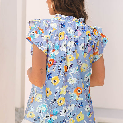 Sky Blue Flutter Sleeve V Neck Floral Top