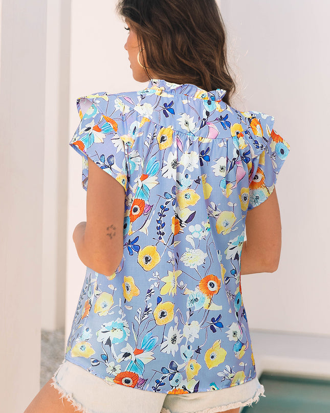 Sky Blue Flutter Sleeve V Neck Floral Top