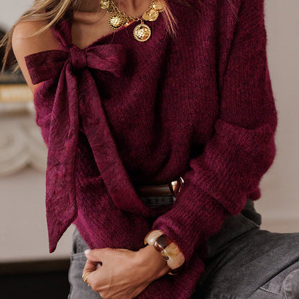 Burgundy Lace Bowknot Asymmetric Neck Sweater