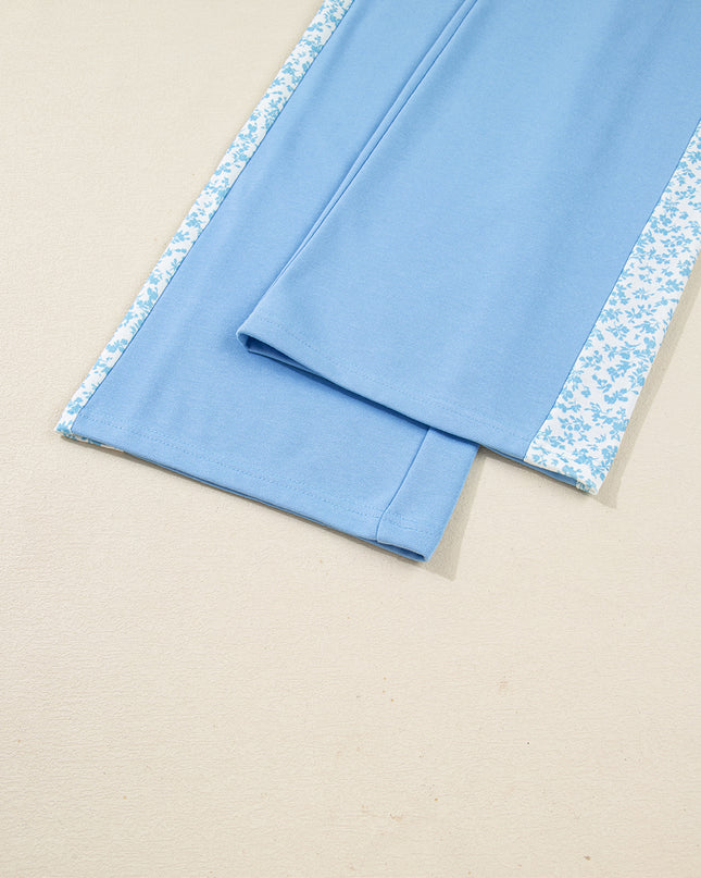 Beau Blue Floral Patchwork Drop Shoulder Pullover and Sweatpants Lounge Set