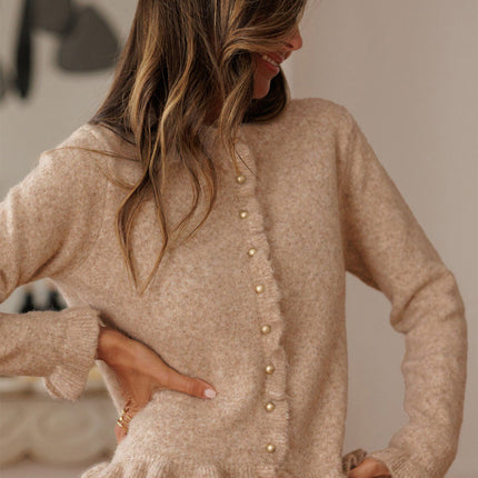 Oatmeal Ruffle Trim Gold Button Sweater Cardigan