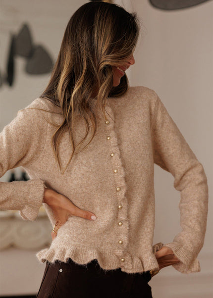 Oatmeal Ruffle Trim Gold Button Sweater Cardigan
