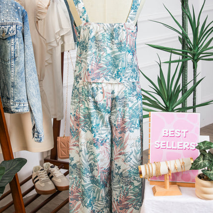 Green Tropical Palm Printed Cropped Tank Drawstring Wide Leg Pant Set