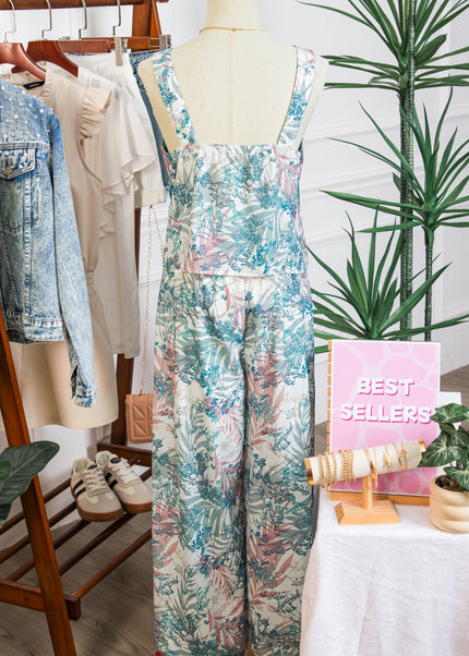 Green Tropical Palm Printed Cropped Tank Drawstring Wide Leg Pant Set