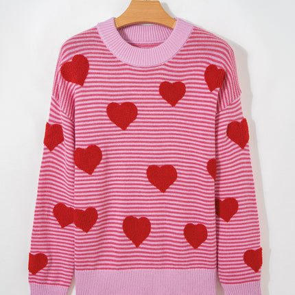 Gray Stripe Contrast Heart Pattern Valentine Knit Sweater