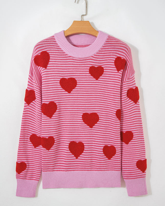 Gray Stripe Contrast Heart Pattern Valentine Knit Sweater