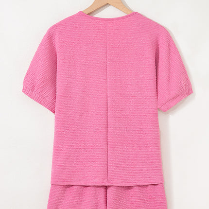 Pink Textured V Neck T Shirt and Shorts Set