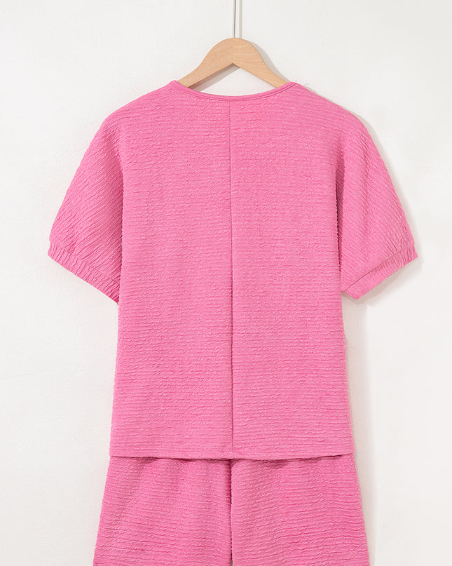Pink Textured V Neck T Shirt and Shorts Set
