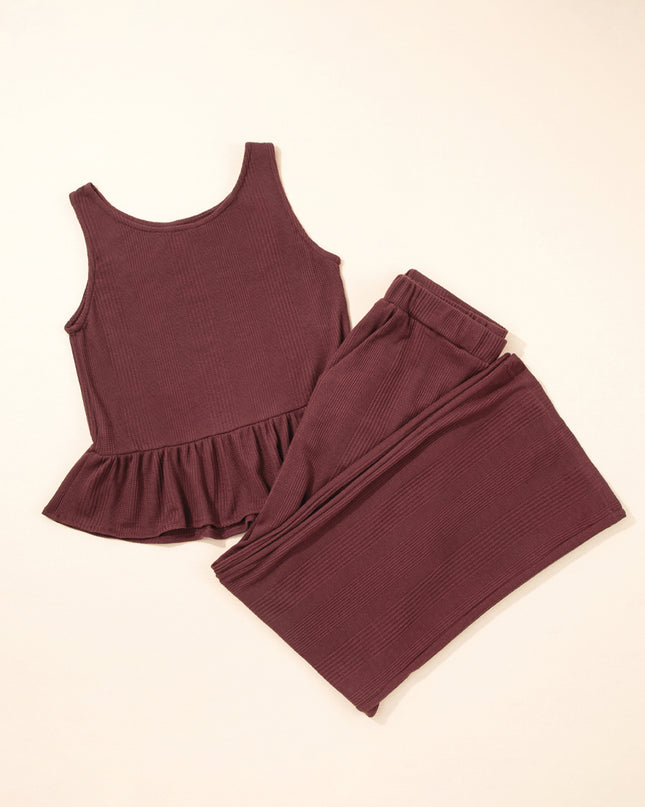 Beau Blue Solid Color Ribbed Ruffle Tank Top and Pants Set