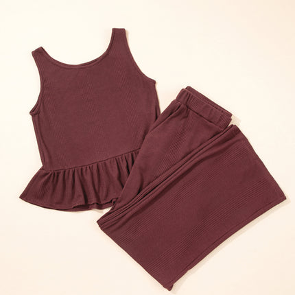 Beau Blue Solid Color Ribbed Ruffle Tank Top and Pants Set