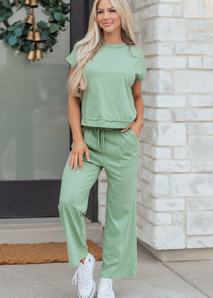 Canton Cuffed Short Sleeve Tee Raw Seam Patch Pocket Drawstring Pants Set