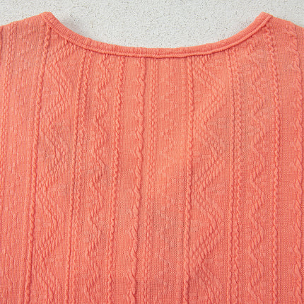 Grapefruit Orange Crochet Floral Accent V Neck Textured Pants Set