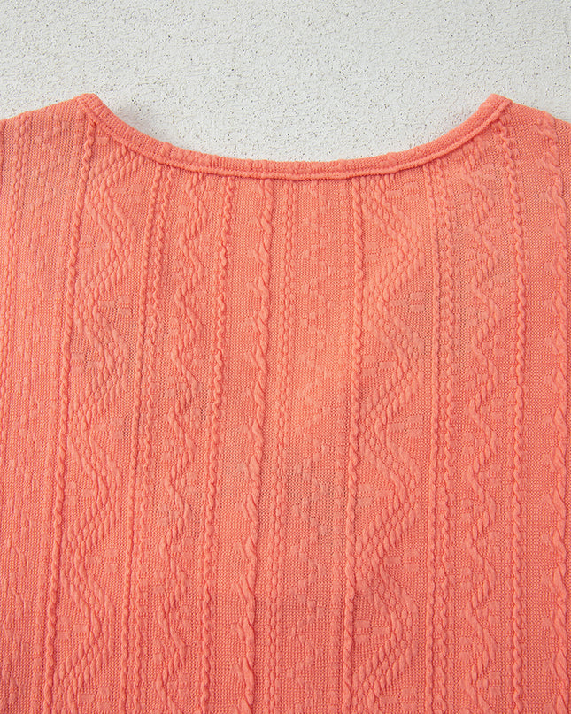 Grapefruit Orange Crochet Floral Accent V Neck Textured Pants Set