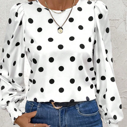 White Polka Dot Print Round Neck Frilled Long Sleeve Blouse