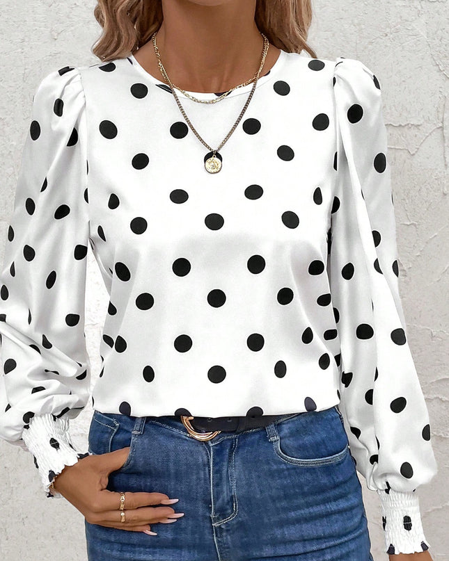 White Polka Dot Print Round Neck Frilled Long Sleeve Blouse