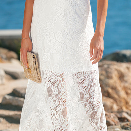 White Tie Spaghetti Straps Floral Lace Overlay Long Dress