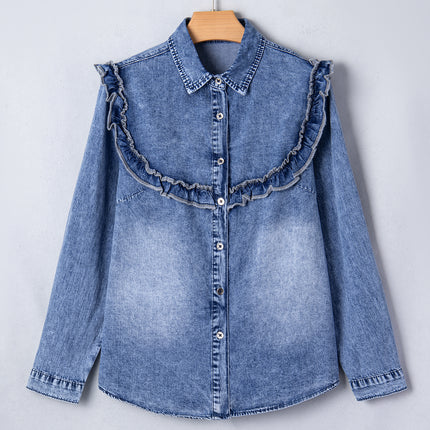 Dusk Blue Vintage Wash Denim Ruffle Detail Button Down Shirt