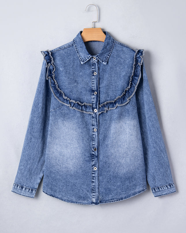 Dusk Blue Vintage Wash Denim Ruffle Detail Button Down Shirt