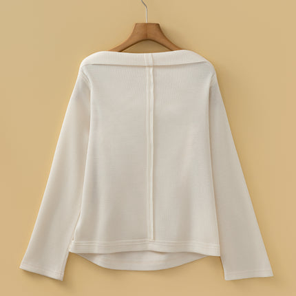 Beige Solid Color Waffle Knit Asymmetric Neck Long Sleeve Top