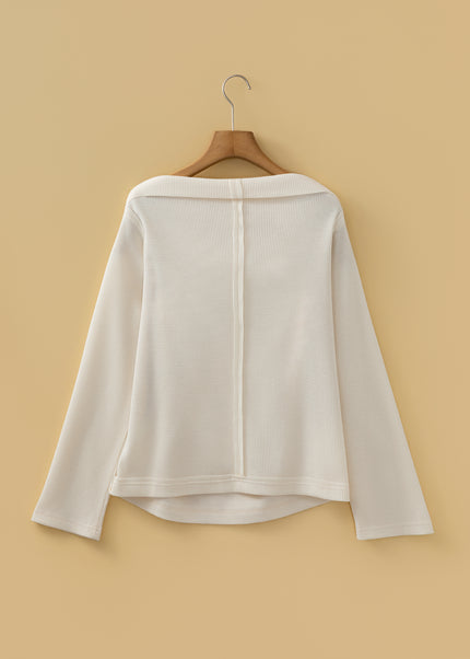 Beige Solid Color Waffle Knit Asymmetric Neck Long Sleeve Top