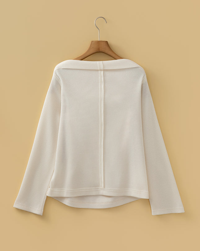 Beige Solid Color Waffle Knit Asymmetric Neck Long Sleeve Top