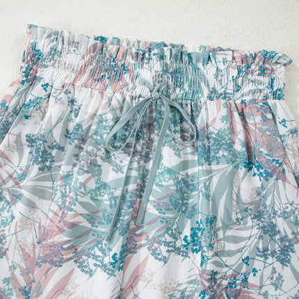 Green Tropical Palm Printed Cropped Tank Drawstring Wide Leg Pant Set