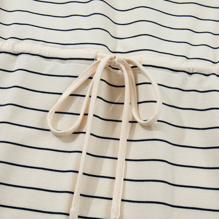 Beige Stripe Drawstring Tunic Tank Mini Dress with Pockets