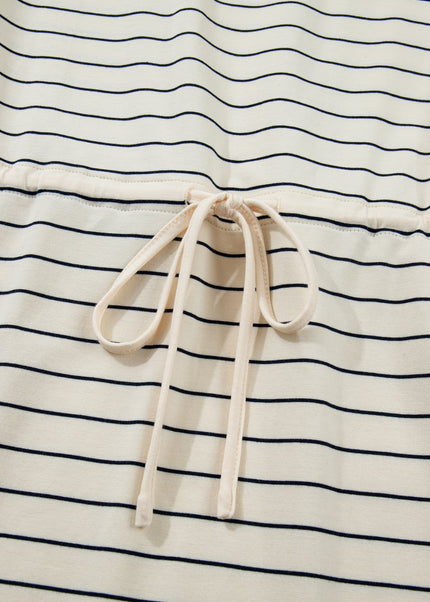 Beige Stripe Drawstring Tunic Tank Mini Dress with Pockets