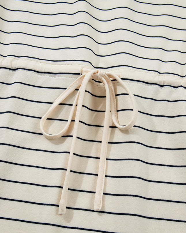 Beige Stripe Drawstring Tunic Tank Mini Dress with Pockets