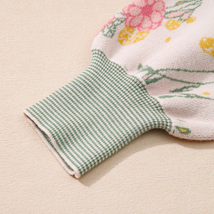 Pink Floral Pattern Striped V Neck Loose Sweater