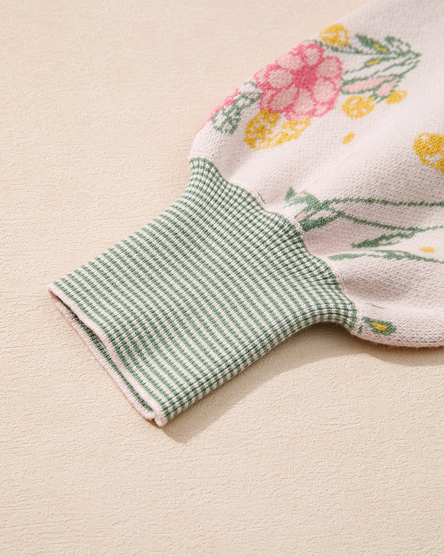 Pink Floral Pattern Striped V Neck Loose Sweater