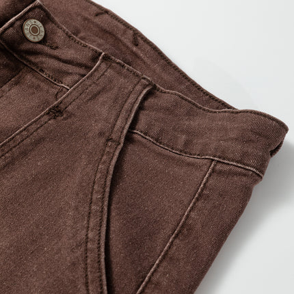 Dark Brown Retro Washed Patch Pocket Loose Jeans