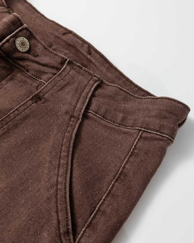Dark Brown Retro Washed Patch Pocket Loose Jeans