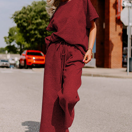 Black Textured Loose Fit T Shirt and Drawstring Pants Set