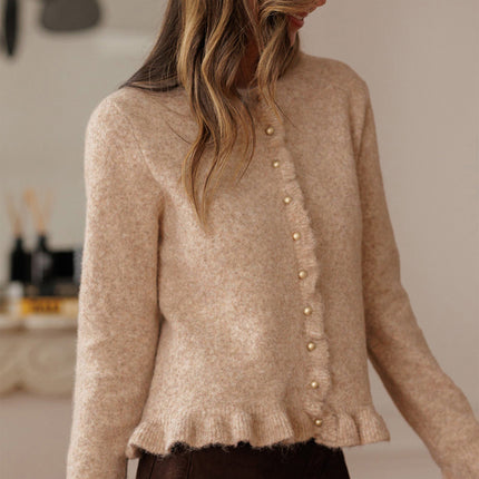 Oatmeal Ruffle Trim Gold Button Sweater Cardigan