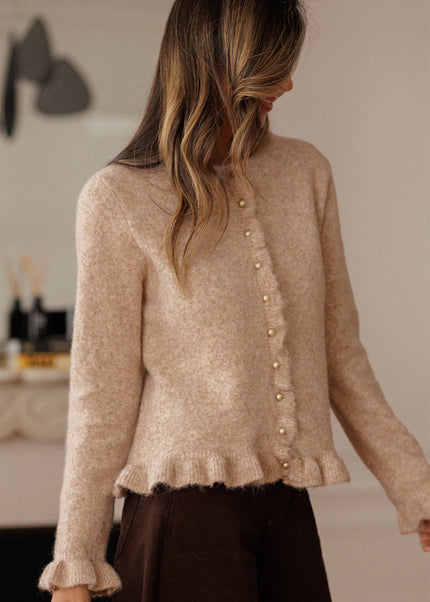 Oatmeal Ruffle Trim Gold Button Sweater Cardigan