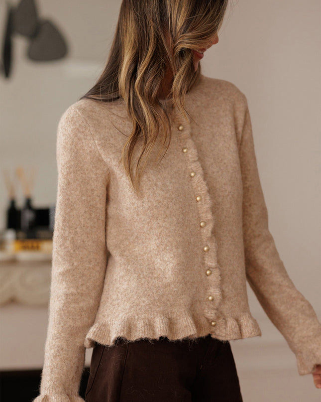 Oatmeal Ruffle Trim Gold Button Sweater Cardigan