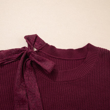 Burgundy Lace Bowknot Asymmetric Neck Sweater