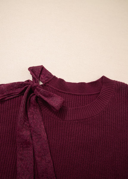 Burgundy Lace Bowknot Asymmetric Neck Sweater