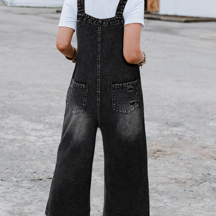 Stone Blue Distressed Bib Pocket Wide Leg Denim Overall