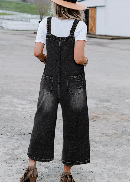 Stone Blue Distressed Bib Pocket Wide Leg Denim Overall