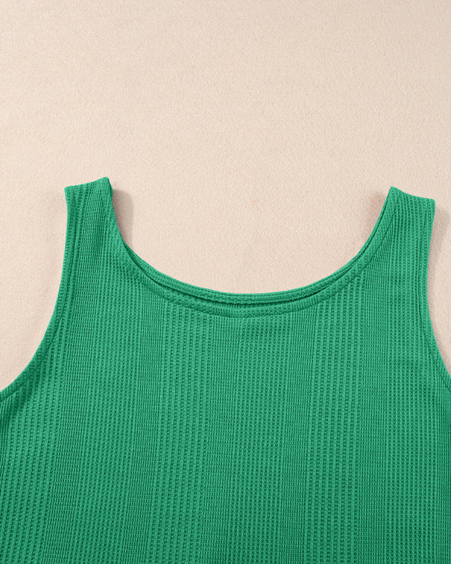 Beau Blue Solid Color Ribbed Ruffle Tank Top and Pants Set