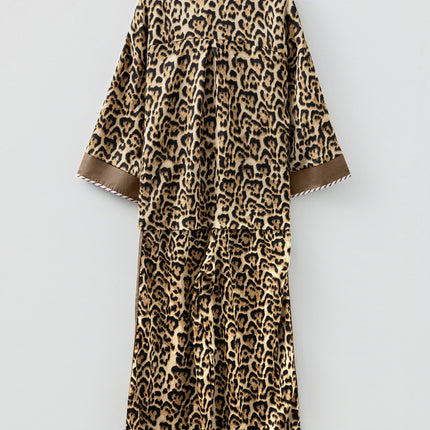 Brown Leopard Collared 3/4 Sleeve Shirt and Loose Pants Two Piece Outfit Set