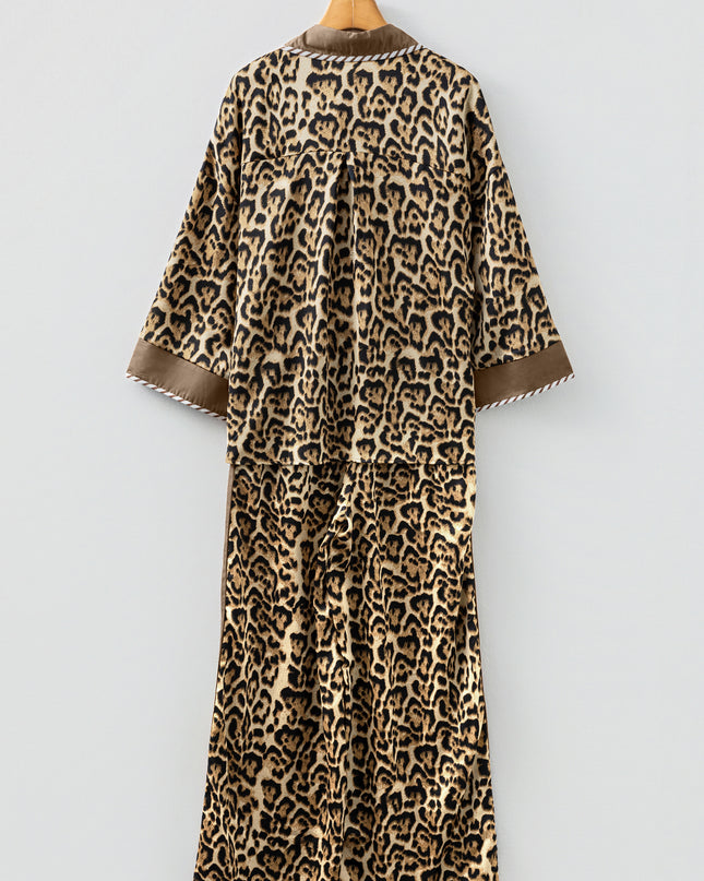 Brown Leopard Collared 3/4 Sleeve Shirt and Loose Pants Two Piece Outfit Set