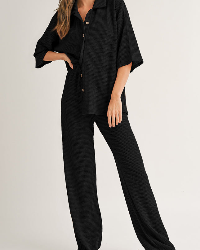 Rose Red Solid Color Textured Buttoned Shirt and Casual Pants Set