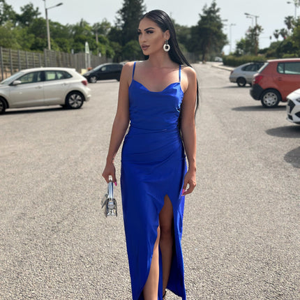 483-3 DIANE satin long dress with a leg slit - blue