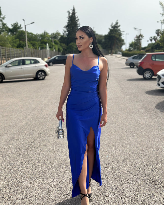 483-3 DIANE satin long dress with a leg slit - blue