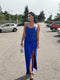 483-3 DIANE satin long dress with a leg slit - blue