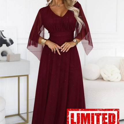 Burgundy Sheer Sleeve Long Gown with Neckline