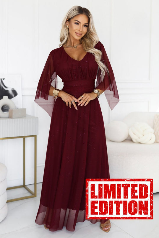 Burgundy Sheer Sleeve Long Gown with Neckline